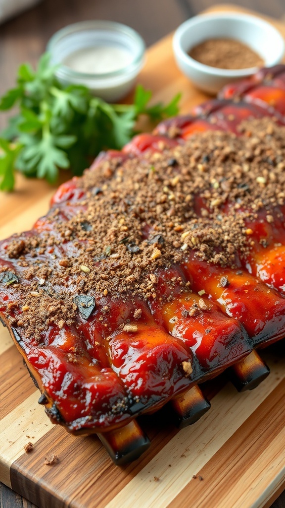 A rack of seasoned ribs on a cutting board with herbs and seasoning in the background.